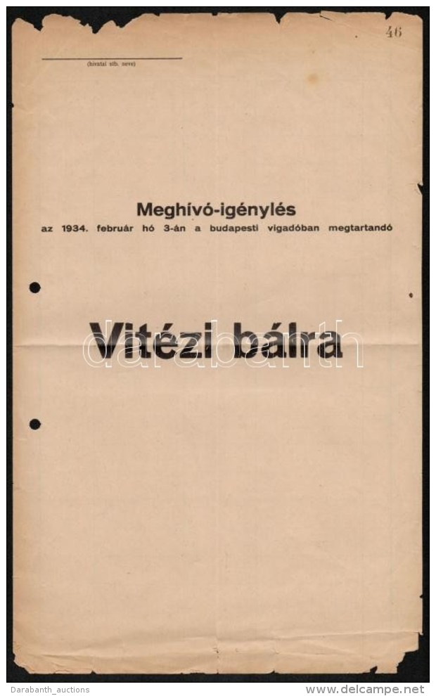 1934 A Vit&eacute;zi B&aacute;l Megh&iacute;v&oacute;ig&eacute;nylÅ‘ Å±rlapja - Unclassified