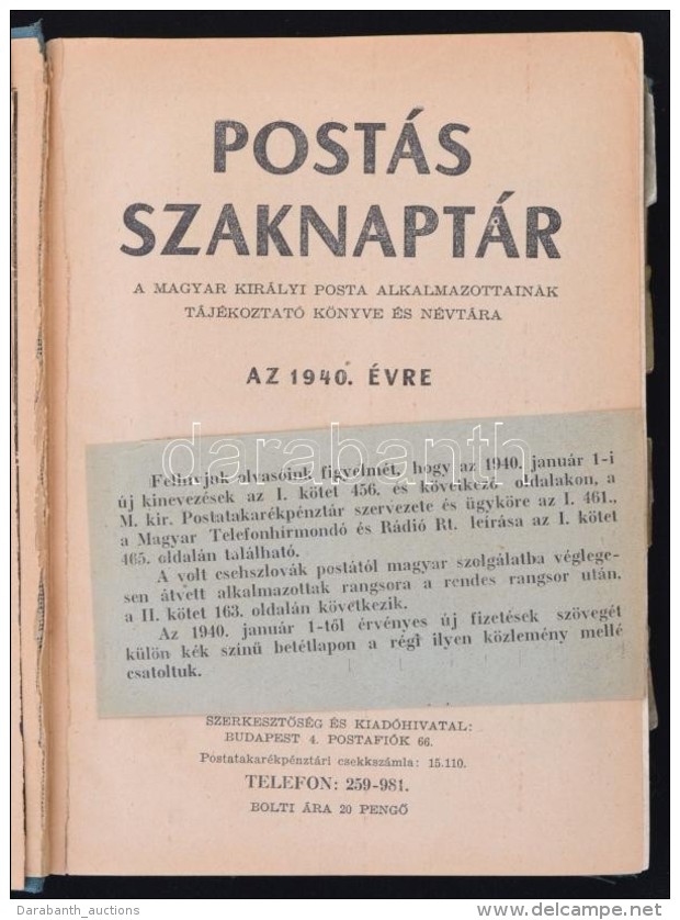 1940 Post&aacute;s Szaknapt&aacute;r. A Magyar Kir&aacute;lyi Posta Alkalmazottainak... - Unclassified