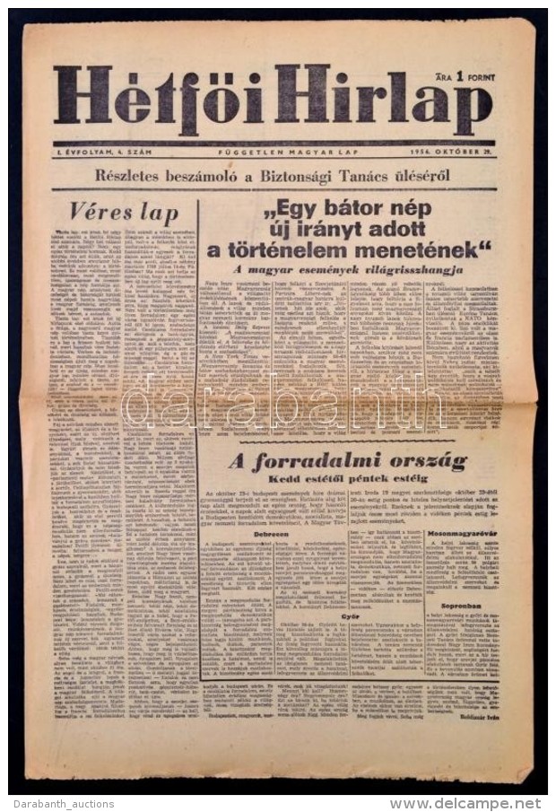 1956 H&eacute;tfÅ‘i H&iacute;rlap I. &eacute;vfolyam&aacute;nak 4. Sz&aacute;ma(okt&oacute;ber 29.), Benne A... - Unclassified