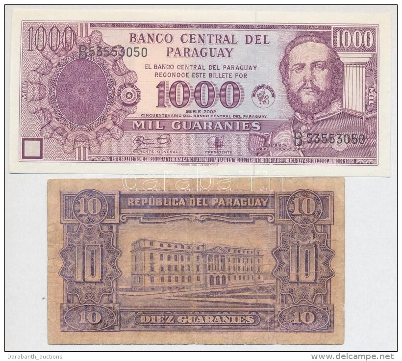 Paraguay 1943. 10G + 2002. 1000G T:I,III-
Paraguay 1943. 10 Guaran&iacute;es + 2002. 1000 Guaran&iacute;es T:UNC,VG - Unclassified