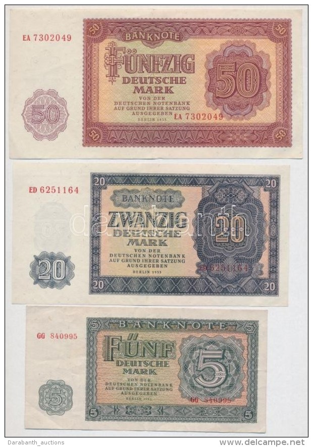 NDK 1955. 5M + 20M + 50M T:II-,III Sz&eacute;p Pap&iacute;r
GDR 1955. 5 Mark + 20 Mark + 50 Mark C:VF,F Nice Paper - Unclassified