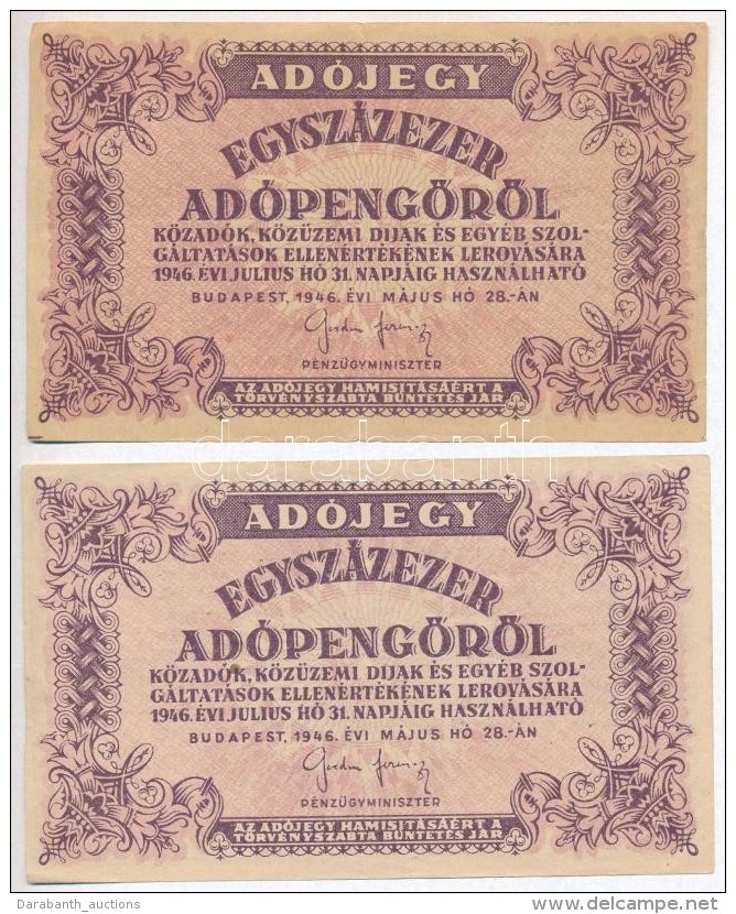 1946. 100.000AP (2x) MindkettÅ‘n Elcs&uacute;szott H&aacute;toldali Sz&ouml;veg T:III - Unclassified