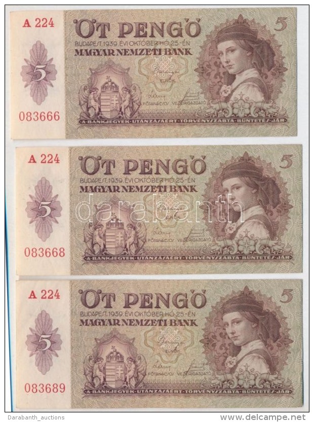 1939. 5P (3x) EbbÅ‘l 2db K&ouml;zeli Sorsz&aacute;m T:I-,II - Unclassified