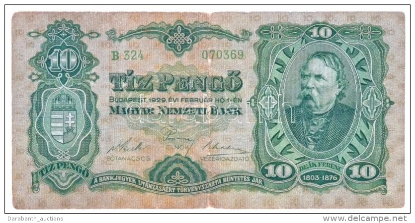 1929. 10P 'De&aacute;k Ferenc' T:III,III-  
Hungary 1929. 10 PengÅ‘ 'Ferenc De&aacute;k' C:F,VG 
Adamo P8 - Unclassified