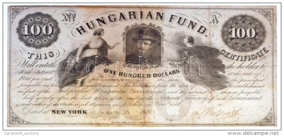 1852. 100$ 'Kossuth Bank&oacute;' Fekete Tint&aacute;s K&eacute;zi Sorsz&aacute;m &eacute;s D&aacute;tum, Kossuth... - Unclassified