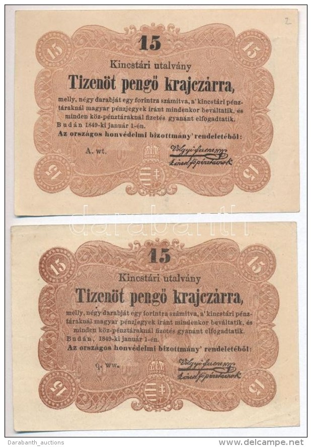 1849. 15kr 'Kossuth Bank&oacute;', 'A.wt.', Kiss&eacute; Ferde Nyomat + 1849. 15kr 'Kossuth Bank&oacute;' 'q.ww.',... - Unclassified