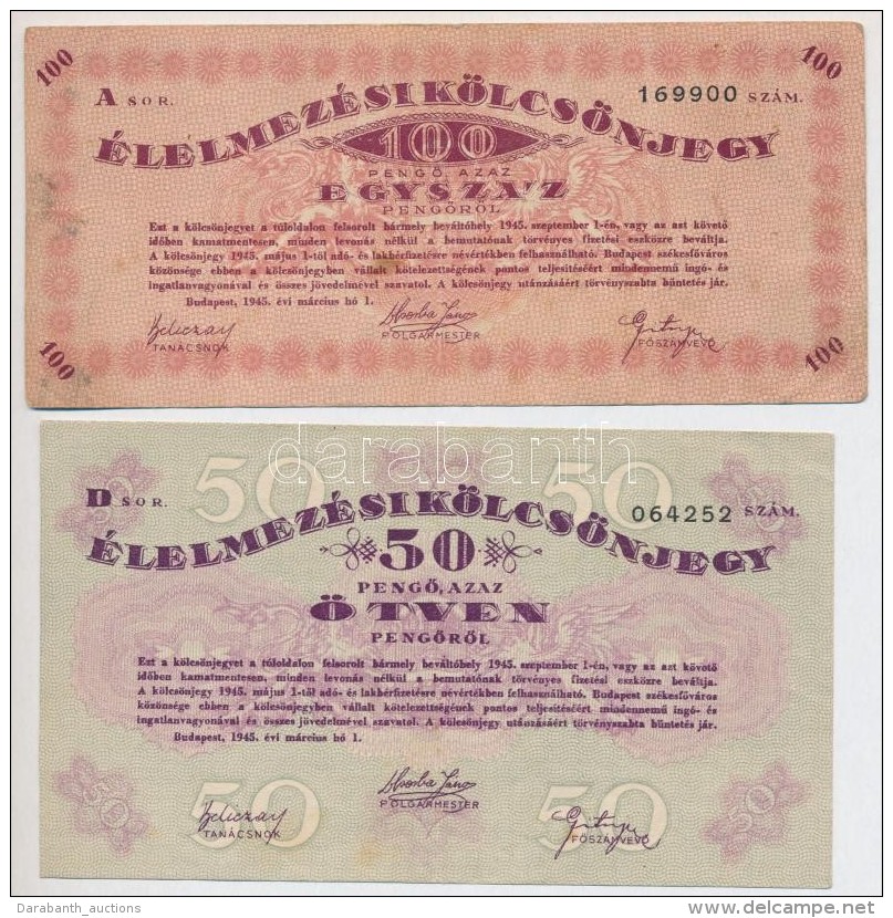 Budapest 1945. 50P + 100P '&Eacute;lelmez&eacute;si K&ouml;lcs&ouml;njegy' T:II-,III - Unclassified