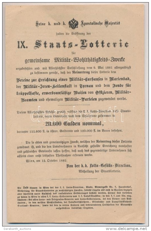 Ausztria / B&eacute;cs 1882. 'IX. V&aacute;rosi Lott&oacute;' Hirdet&eacute;se, J&aacute;t&eacute;kterve,... - Unclassified