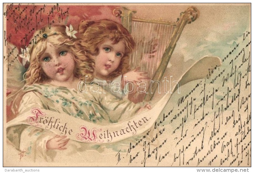 * T2/T3 'Fr&ouml;hliche Weihnachten' Angels With Harp, Litho (EK) - Unclassified