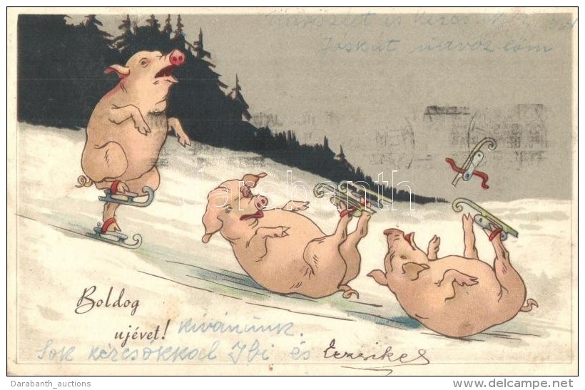 T2/T3 'Boldog &uacute;j&eacute;vet!' / New Year Greeting Card With Skating And Falling Pigs, Litho (EK) - Unclassified