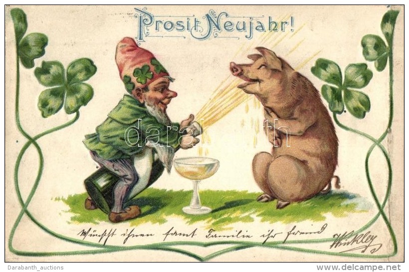 T3 Prosit Neujahr / New Year Greeting Card, Dwarf With Pig Bathing In Champagne, Clovers, Emb. Litho (fa) - Unclassified