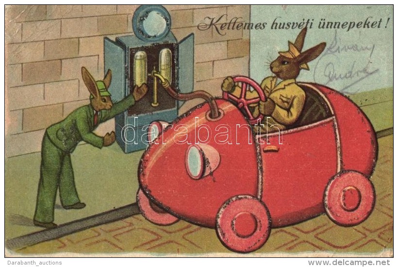 * T3 H&uacute;sv&eacute;t / Easter Greeting Card, Rabbits In Automobile, Decorated (EB) - Ohne Zuordnung