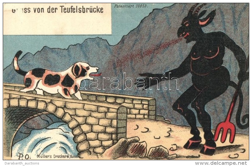 * T2 Gruss Von Der Teufelsbr&uuml;cke / Krampus Art Postcard. M&uuml;ller's Druckerei, Basel, Patentiert 10853.... - Unclassified