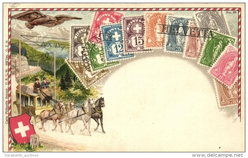 ** T2/T3 Schweizerische Gebirgspost / Swiss Post Carriage, Stamps, Ottmar Zieher's Carte Philatelie No. 39. Litho... - Unclassified