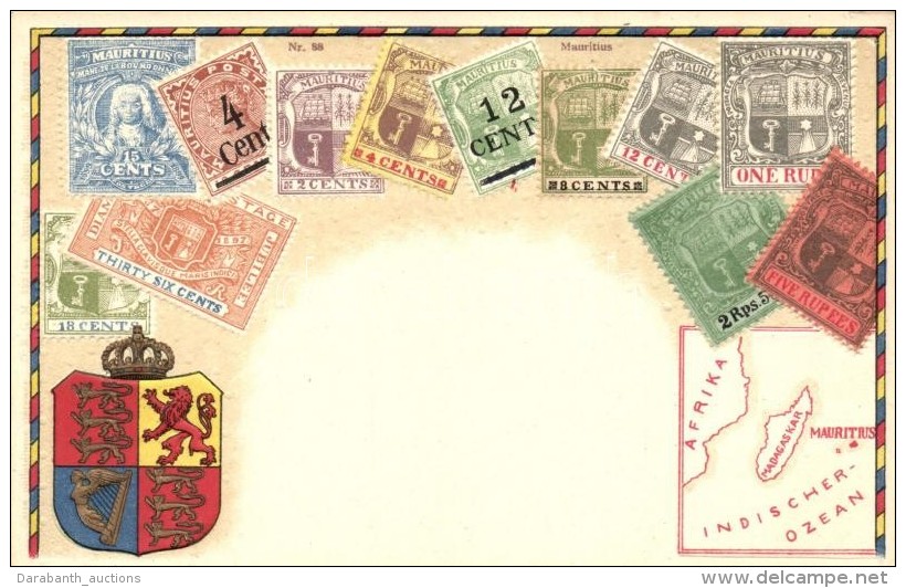 ** T1 Mauritius, Set Of Stamps, Coat Of Arms, Map, Ottmar Zieher's Carte Philatelique Nr. 88. Emb. Litho - Non Classificati