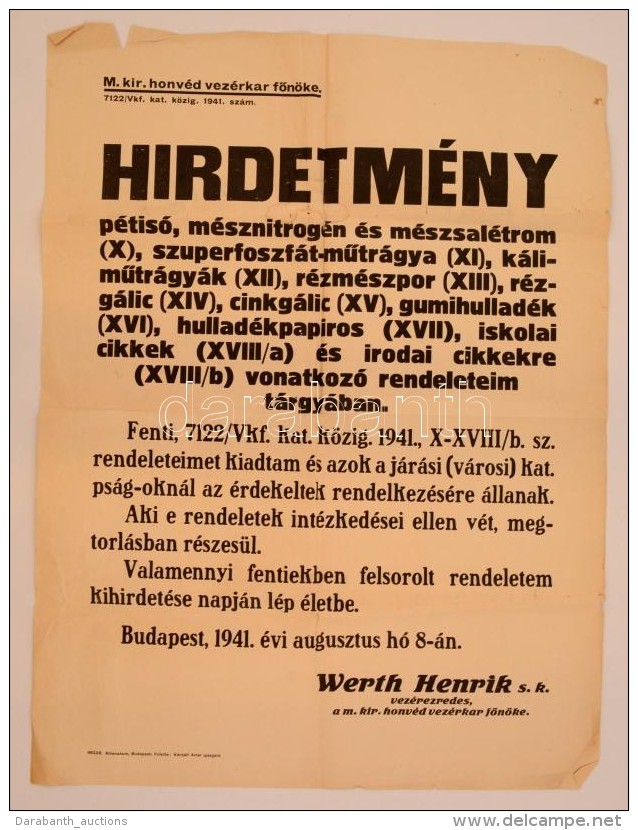 1941 Wert Henrik (1881-1952) Vez&eacute;rkari FÅ‘n&ouml;k (1938-1941) 1941 Augusztus 8.-i Hirdetm&eacute;nye, Amely... - Non Classificati