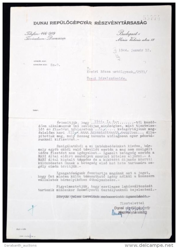 1944 B&eacute;relsz&aacute;mol&aacute;si Lev&eacute;l A Dunai Rep&uuml;lÅ‘g&eacute;pgy&aacute;r Rt.-tÅ‘l,... - Unclassified