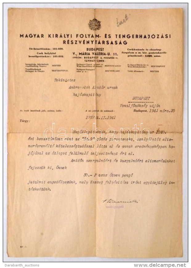 1941 Magyar Folyam &eacute;s Tengerhaj&oacute;z&aacute;si R&eacute;szv&eacute;nyt&aacute;rsas&aacute;g... - Unclassified