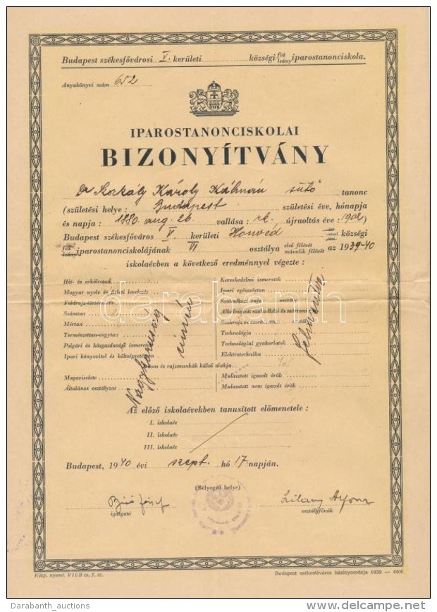 1940 Bp., V. S&uuml;tÅ‘ Iparostanonc Bizony&iacute;tv&aacute;nya - Unclassified