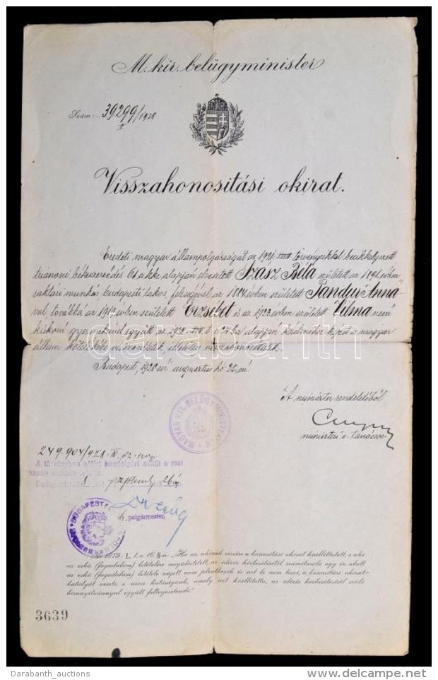 1928 Visszahonos&iacute;t&aacute;si Okirat, M. Kir. Bel&uuml;gyminiszt&eacute;rium &aacute;ltal... - Unclassified