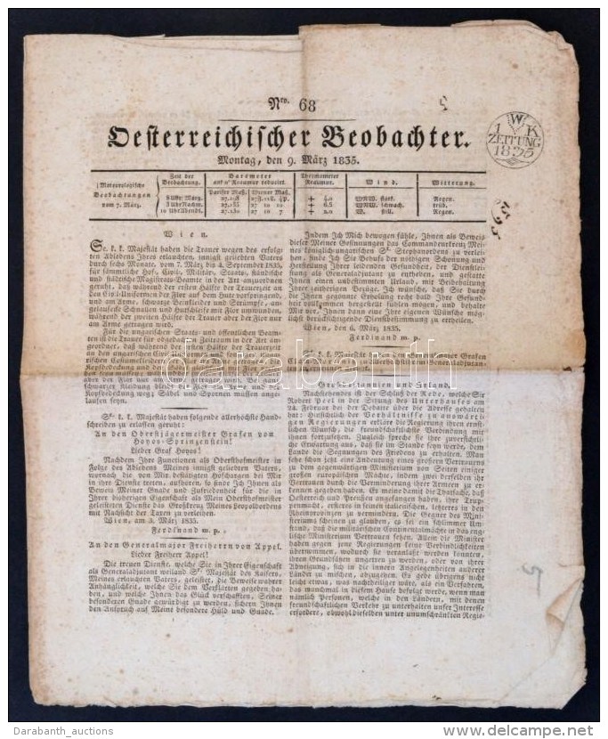 1835 Az Oesterreichische Beobachter Osztr&aacute;k Napilap. Egy Sz&aacute;ma 1kr... - Unclassified