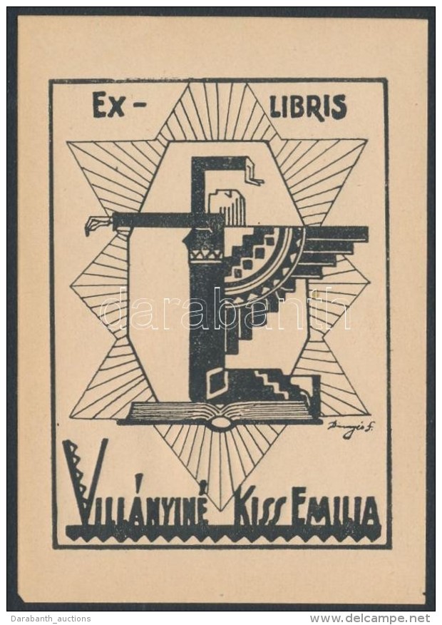 Dinny&eacute;s Ferenc  (1886-1958): Art Deco Ex Libris, Vill&aacute;nyi Kiss Emilia. Fametszet, Pap&iacute;r,... - Other & Unclassified