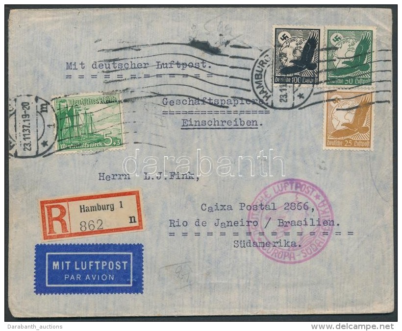 1938 Aj&aacute;nlott L&eacute;giposta Lev&eacute;l Rio De Janeir&oacute;ba / Registered Airmail Cover To Brasil - Other & Unclassified