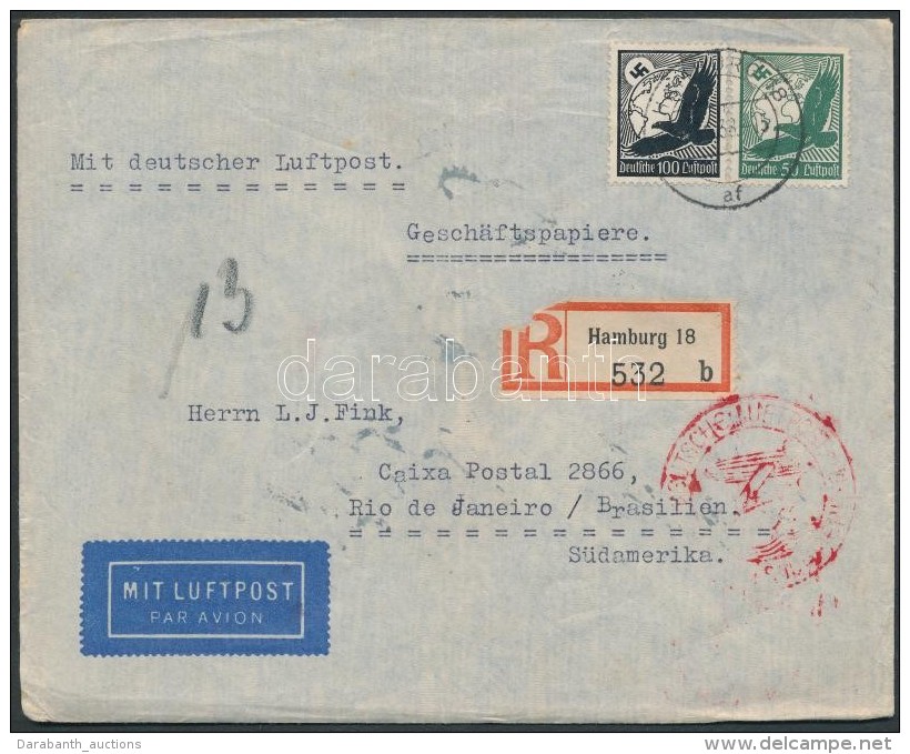 1938 Aj&aacute;nlott L&eacute;giposta Lev&eacute;l Rio De Janeir&oacute;ba / Registered Airmail Cover To Brasil - Other & Unclassified