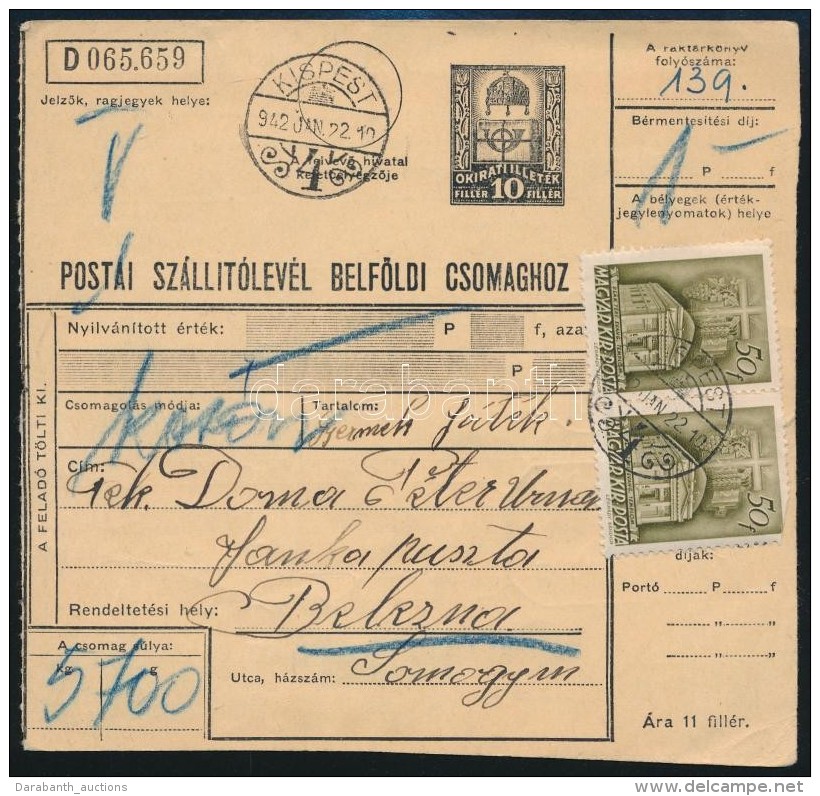 1942 Csomagsz&aacute;ll&iacute;t&oacute; Templom 2 X 50f B&eacute;rmentes&iacute;t&eacute;ssel 'BELEZNA'... - Other & Unclassified