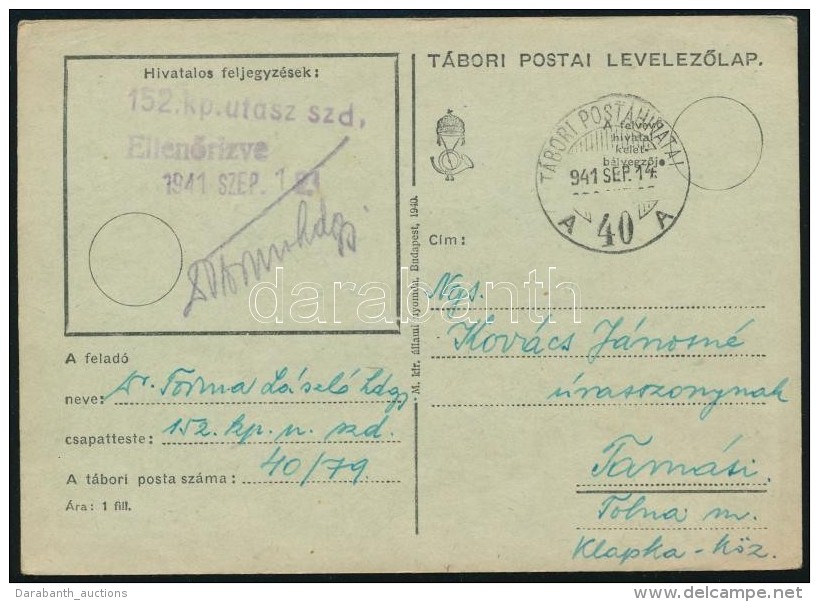 1941 T&aacute;bori Posta LevelezÅ‘lap '152 Kp. Utasz Szd.' + 'TP 40 A' - Other & Unclassified