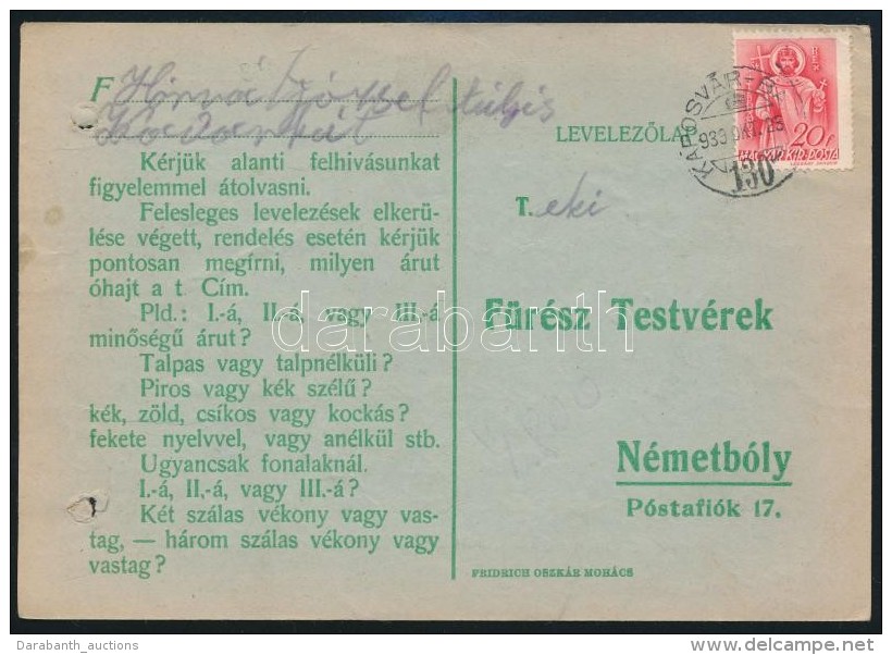 1939 20f  LevelezÅ‘lapon KAPOSV&Aacute;R-BAJA 130 Vas&uacute;ti B&eacute;lyegz&eacute;ssel - Other & Unclassified