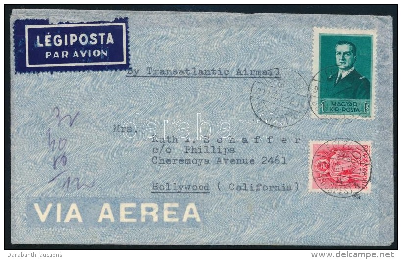 1939 L&eacute;gi Lev&eacute;l Horthy 1P &eacute;s  Templom 20f B&eacute;rmentes&iacute;t&eacute;ssel Az USA-ba... - Other & Unclassified