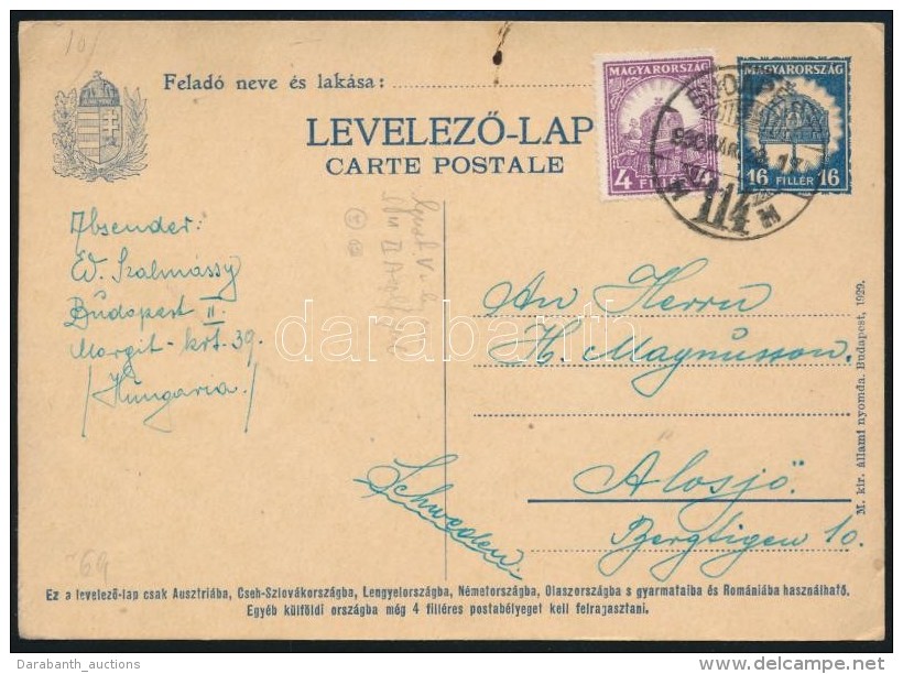 1930 16f D&iacute;jjegyes LevelezÅ‘lap 4f D&iacute;jkieg&eacute;sz&iacute;t&eacute;ssel Sv&eacute;dorsz&aacute;gba - Other & Unclassified