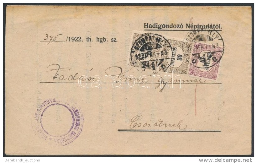 1922 (3. D&iacute;jszab&aacute;s) Nyomtatv&aacute;ny Hivatalos 10f + 2 X 20f B&eacute;rmentes&iacute;t&eacute;ssel - Other & Unclassified