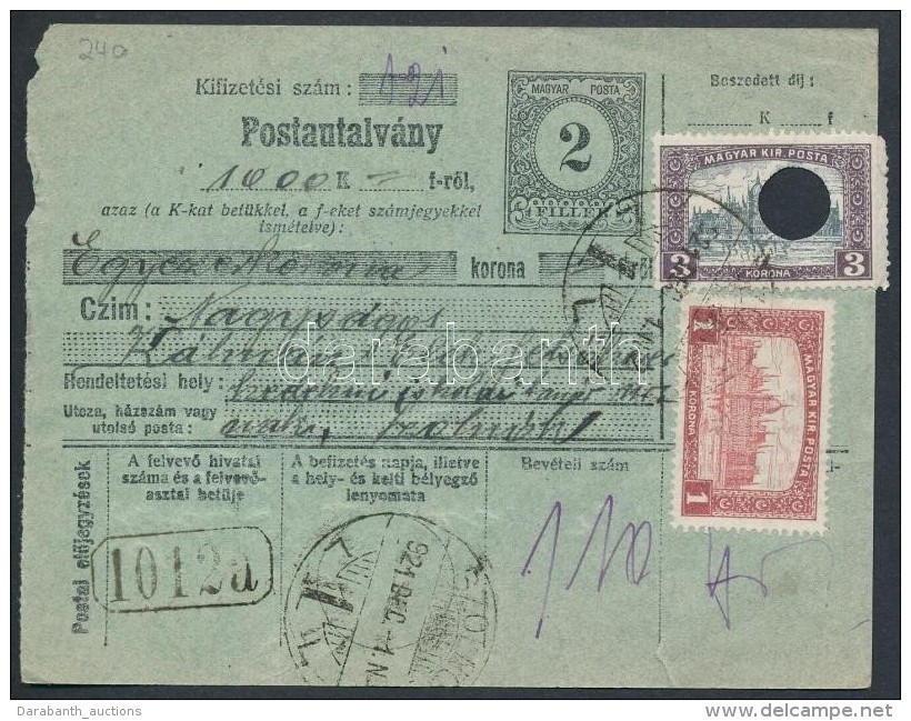 1921 Postautalv&aacute;ny 1000K-r&oacute;l Parlament Kieg&eacute;sz&iacute;t&eacute;ssel (lyukasztott) - Other & Unclassified