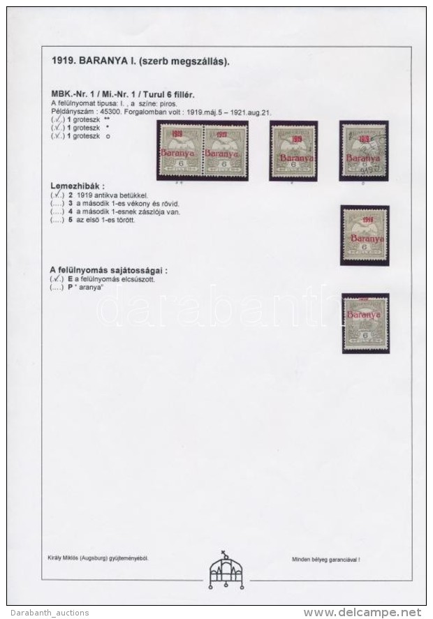 ** * O Baranya I. 1919 6 Db Turul 6f, K&ouml;zte Antikva, &eacute;s Elcs&uacute;szott Fel&uuml;lnyom&aacute;s,... - Other & Unclassified