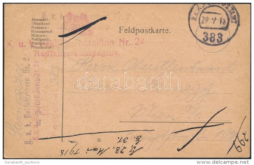 1918 T&aacute;bori Posta LevelezÅ‘lap / Field Postcard 'K.u.k. Feldj&auml;gerbataillon Nr.24. Radfahrerkompagnie' +... - Autres & Non Classés