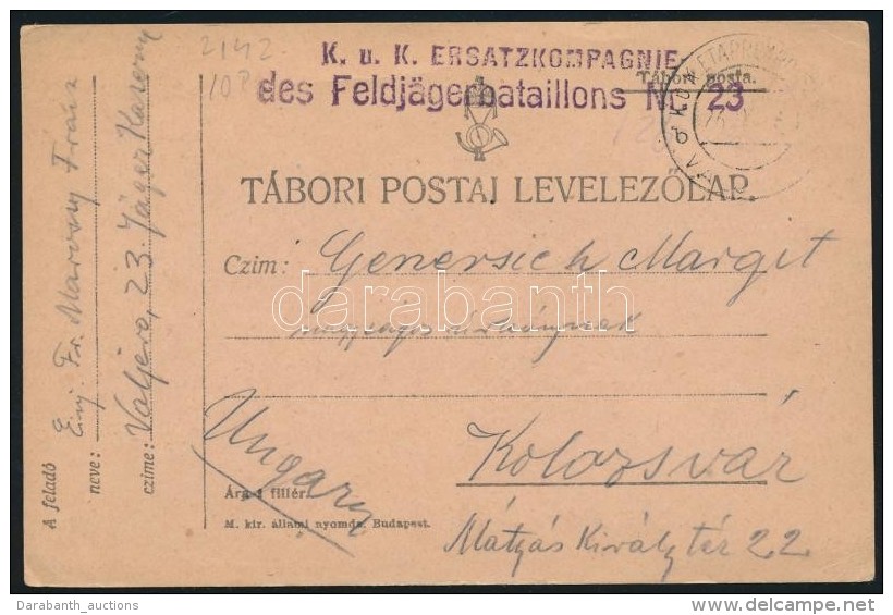 1916 T&aacute;bori Posta LevelezÅ‘lap 'K.u.k. ERSATZKOMPAGNIE Des Feldj&auml;gerbataillons Nr.23' + 'EP VALJEVO B' - Sonstige & Ohne Zuordnung