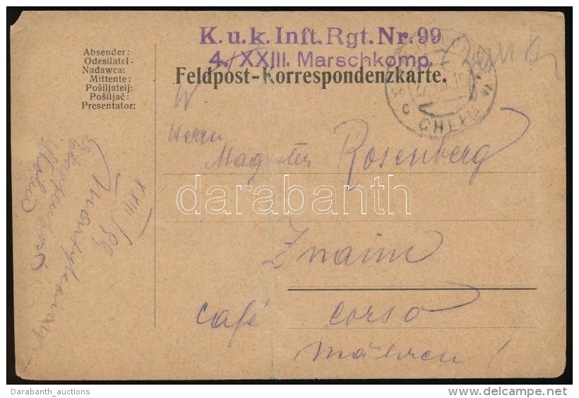 1916 T&aacute;bori Posta LevelezÅ‘lap K&eacute;zzel Rajzolt K&eacute;ppel 'K.u.k.Inft. Nr.99 4./XXIII. Marschkomp.'... - Other & Unclassified