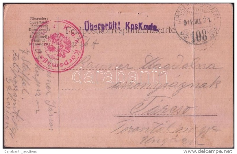 1914 T&aacute;bori Posta LevelezÅ‘lap 'K.u.k. Korpsmagazin' + 'TP 108' (hajtott) - Other & Unclassified