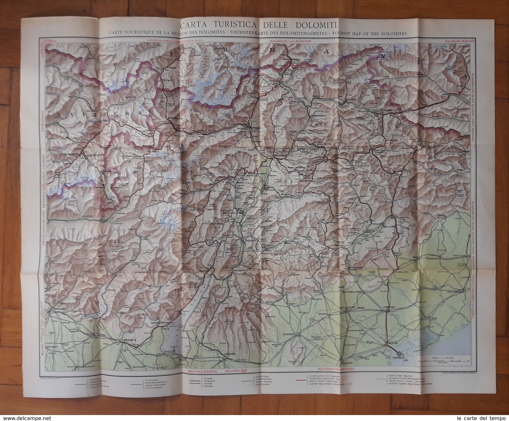 Brochure + Carta Turistica Delle Dolomiti. S.A.D. Società Automobilistica Dolomiti. 1938 - Altri & Non Classificati