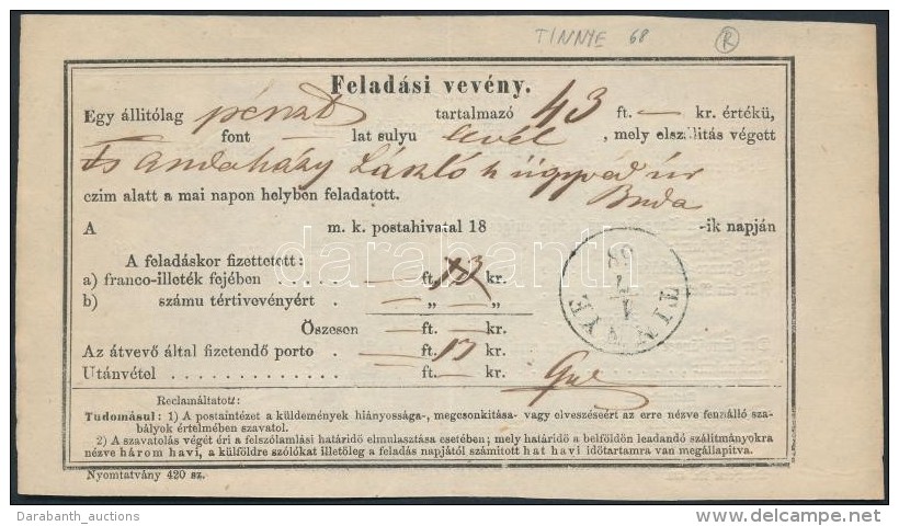 1868 Felad&oacute;vev&eacute;ny / Aufgabs-Recepisse 'TINNYE' - Other & Unclassified