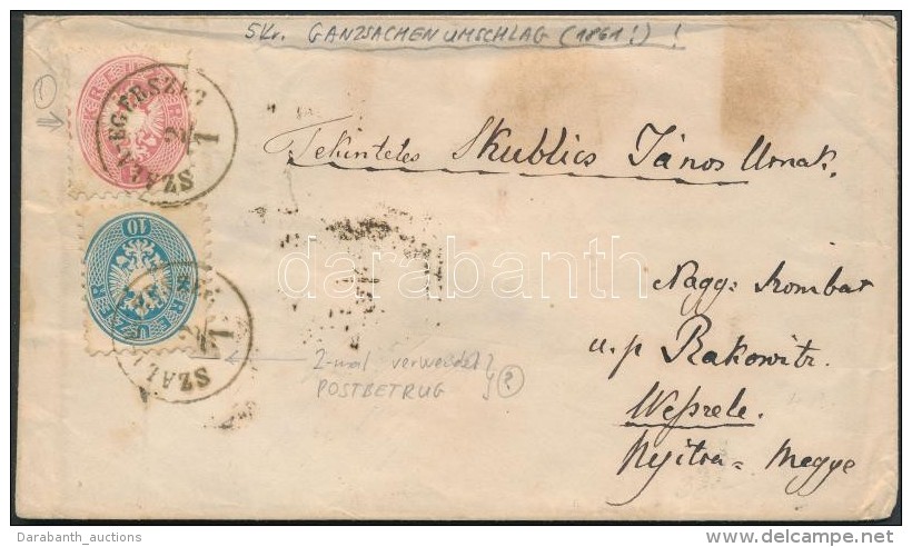 186.. 1861 5kr D&iacute;jjegyes Bor&iacute;t&eacute;k Fel&uuml;lragasztva 5kr + 10kr B&eacute;lyeggel (10kr 2x... - Other & Unclassified