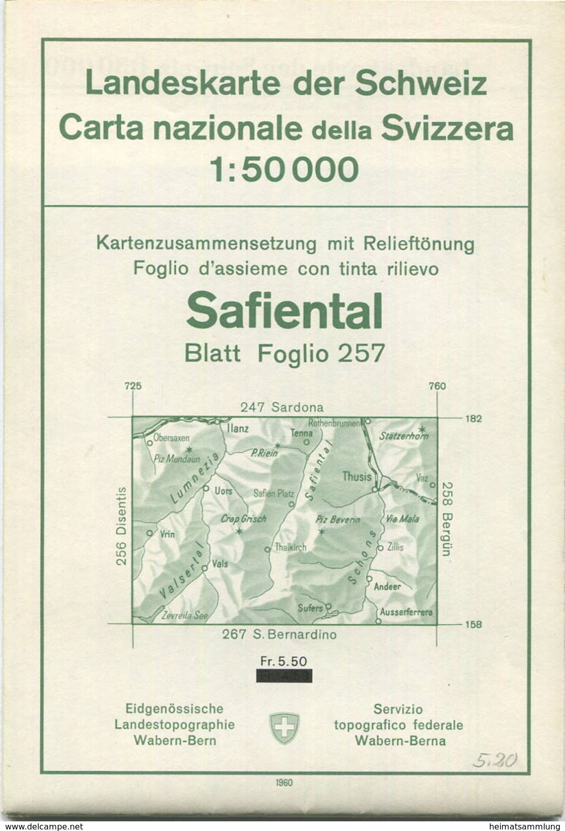 Landeskarte Der Schweiz 1:50 000 - Safiental Blatt 257 - Eidgenössische Landestopographie Bern 1960 - Mit Relieftönung - Landkarten