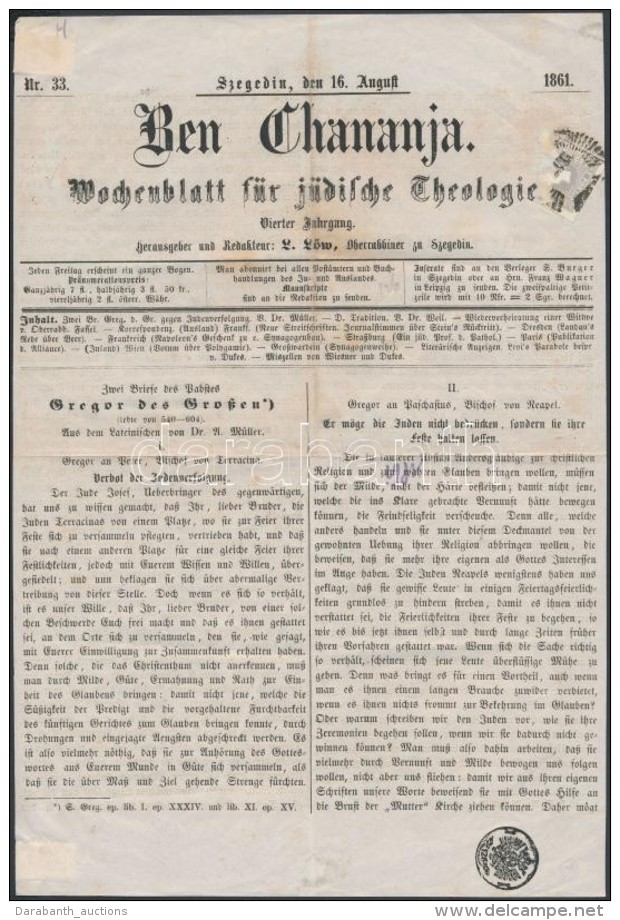 1861 Ben Chananja Szegedi Zsid&oacute; &uacute;js&aacute;g C&iacute;mlapja S&eacute;r&uuml;lt 1858-as Sz&uuml;rke... - Other & Unclassified