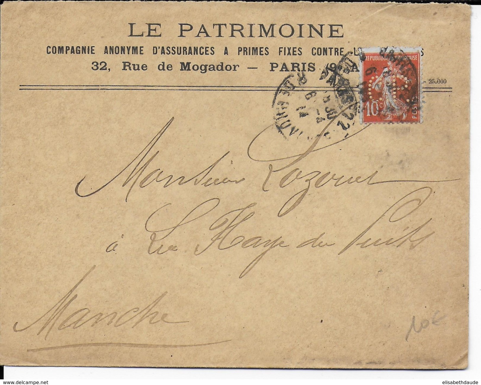 1914 - SEMEUSE - PERFORE C.P Sur ENVELOPPE "LE PATRIMOINE" à PARIS - Sonstige & Ohne Zuordnung