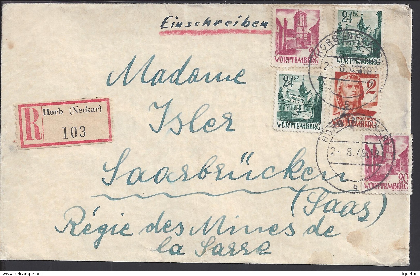 ALLEMAGNE - 1949 - Enveloppe Recommandée De Horb/Neckar à Destination De Saarbrucken - - Autres & Non Classés