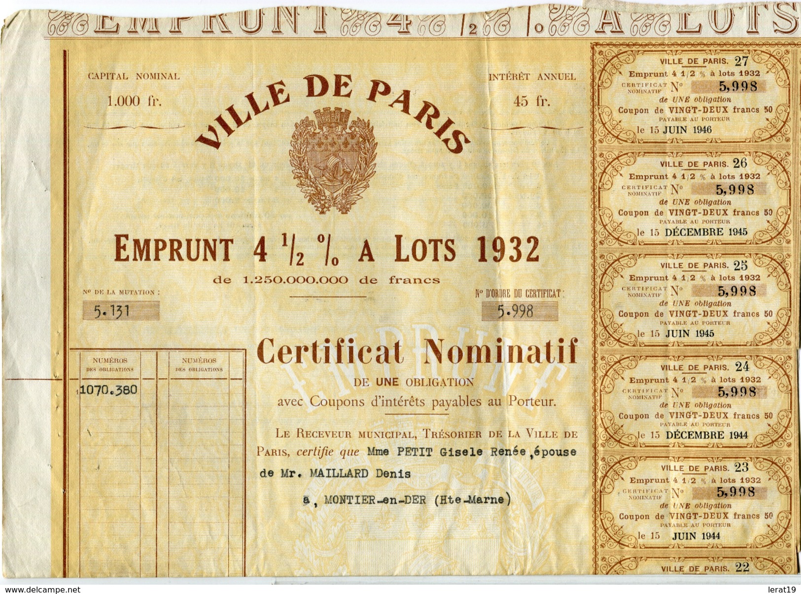 ACTIONS..TITRES..VILLE DE PARIS...1932 - D - F