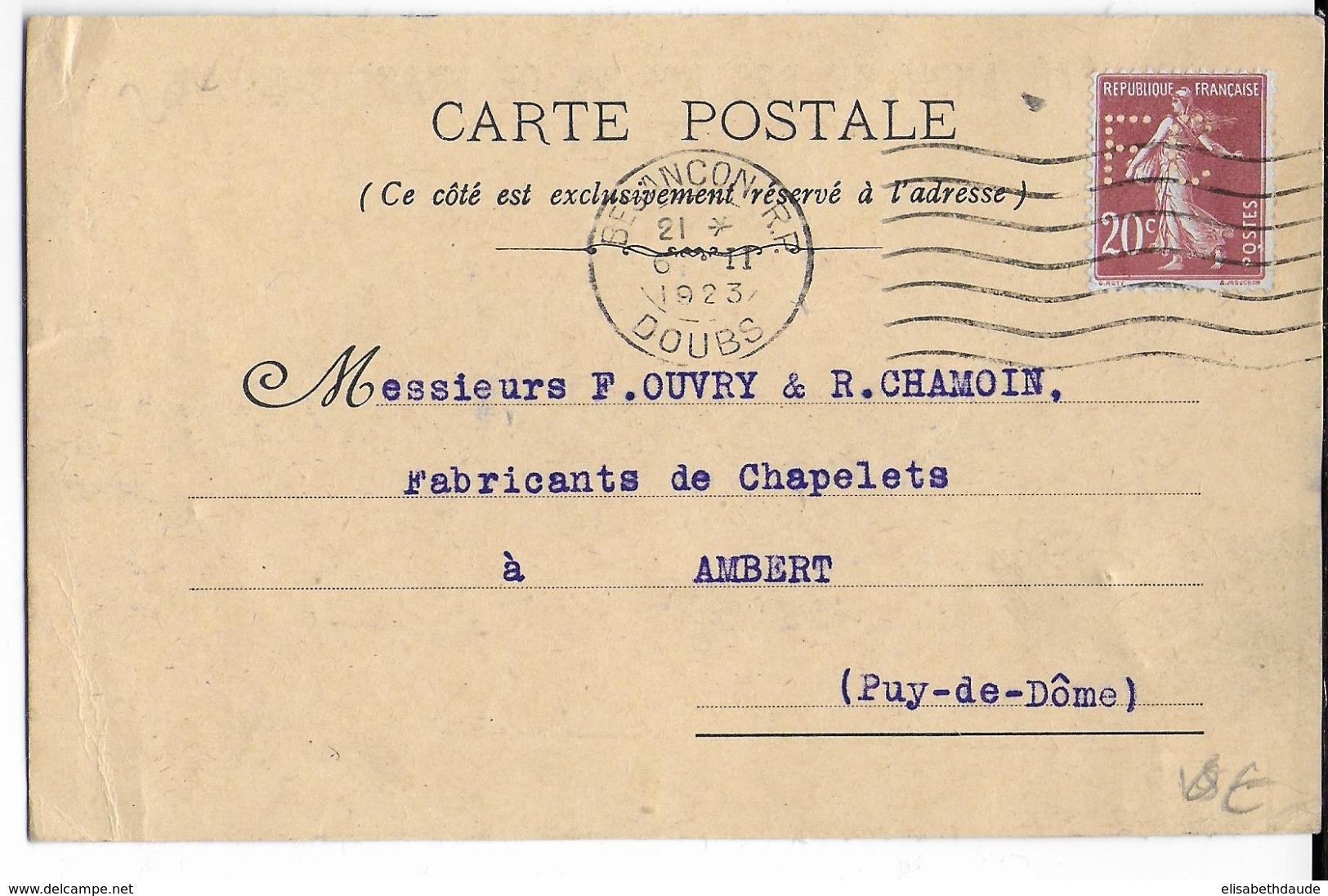 1923 - SEMEUSE - PERFORE Sur CARTE "SA Des FORGES De FRANCHE-COMTE"  à BESANCON (DOUBS) - PERFIN - Altri & Non Classificati