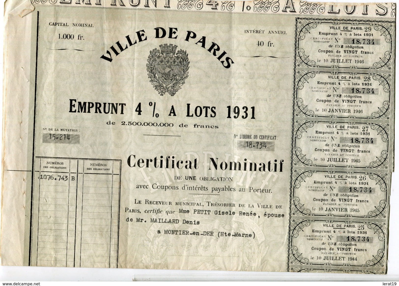 ACTIONS..TITRES...VILLE DE PARIS...1931.. - D - F